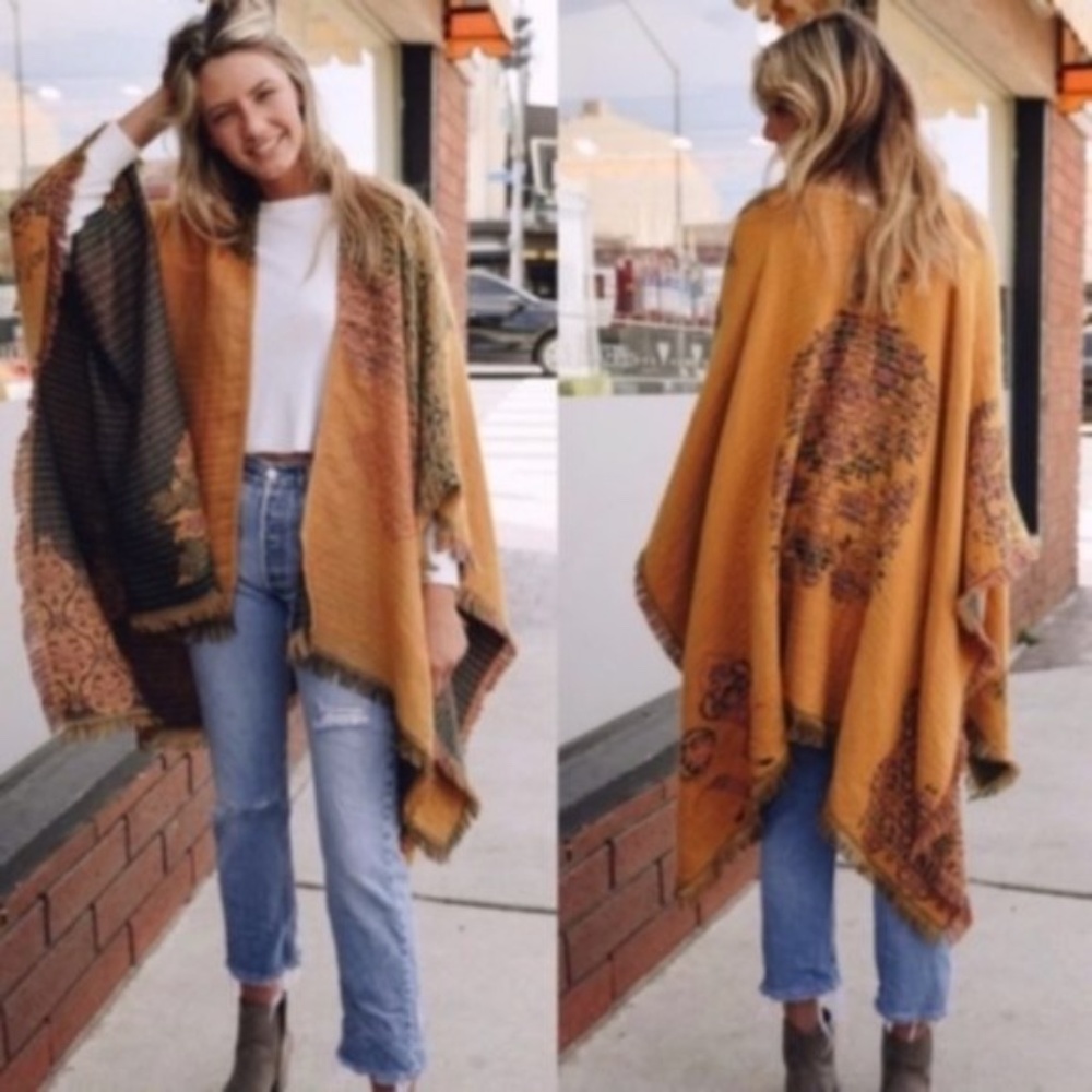 Boho mustard floral print paisley poncho kimono Shawl - Picture 5 of 6
